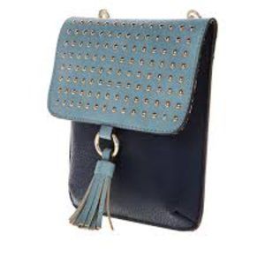 NWT Carlos Santana Studded Flap Crossbody Bag in Blue and Gold